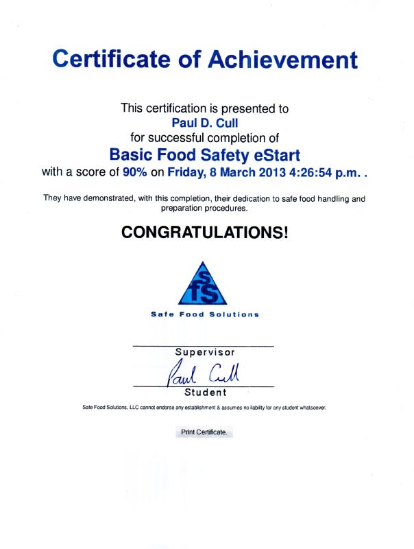 Basic Food Safety eStart certificate