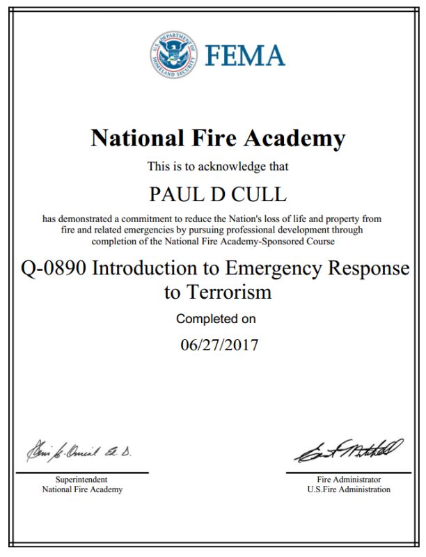 Introduction to Emergency Response to Terrorism Certificate