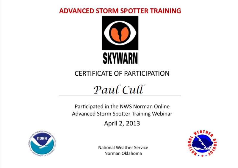Advanced Storm Spotter Training Certificate